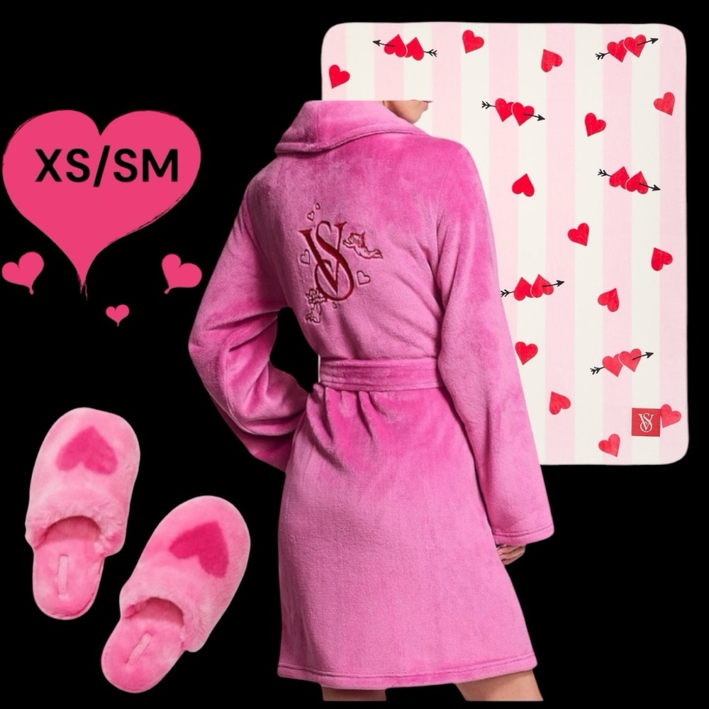 Victoria’s Secret XS/SM NEW PEONY Cozy Robe, Heart Slippers & BLANKET